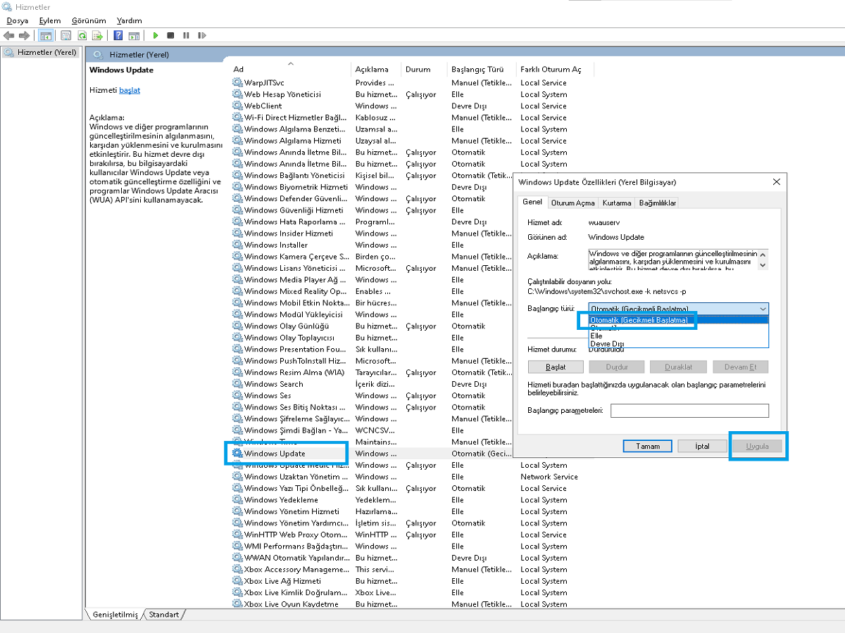 How to fix Windows Update error 0x80070422 using Services.msc - Setting startup type to Automatic and applying changes.