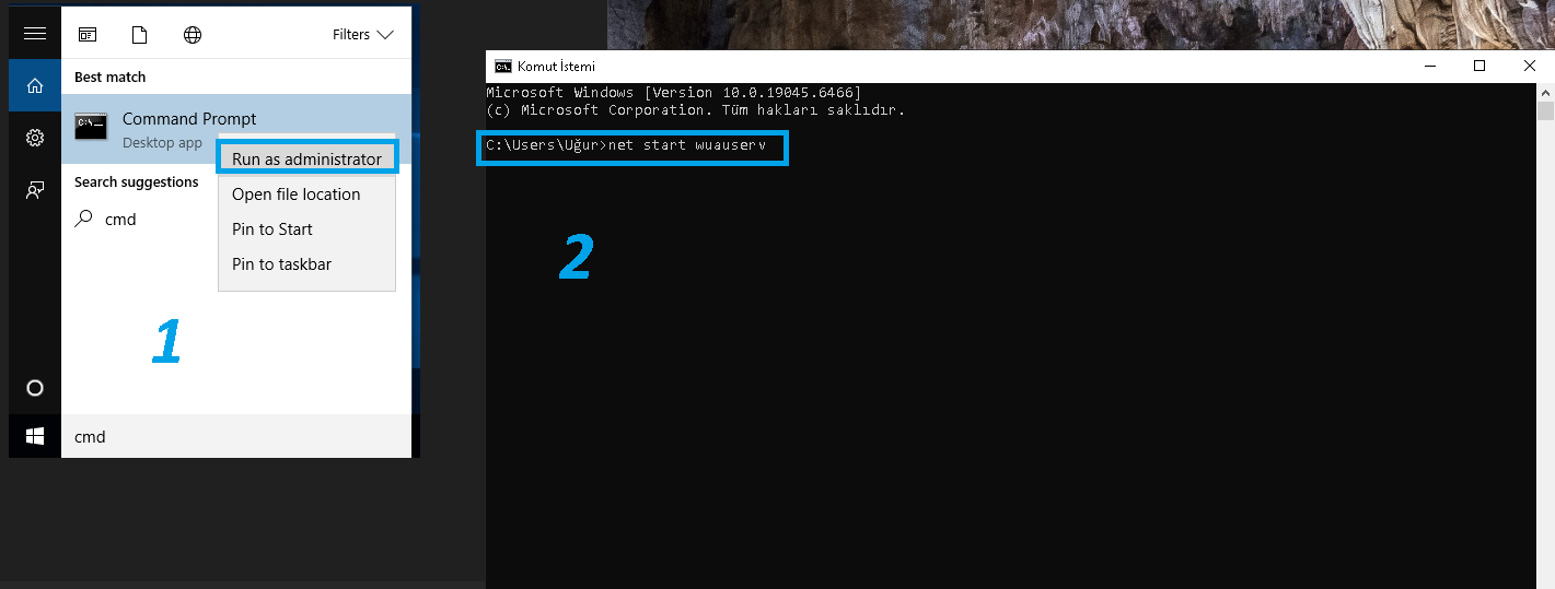 Using Command Prompt (CMD) as Administrator to run net start wuauserv, net start cryptsvc and net start bits commands for fixing Windows Update error 0x80070422.